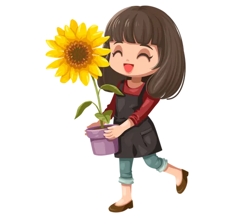 Fille tenant un pot de tournesol  Illustration