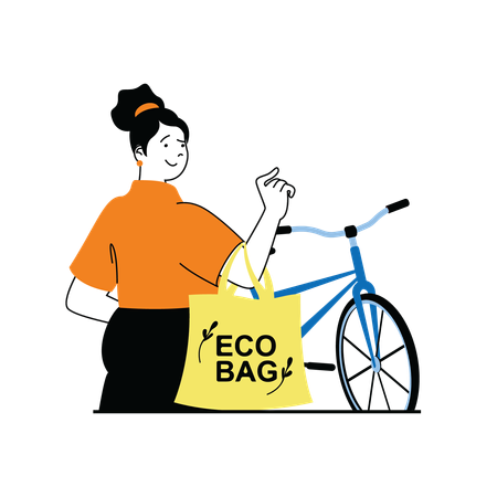 Fille tenant un sac écologique avec vélo  Illustration