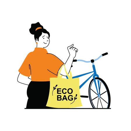 Fille tenant un sac écologique avec vélo  Illustration