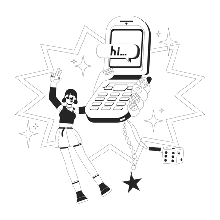 Fille tenant un téléphone à clapet rétro et une esthétique des années 2000  Illustration