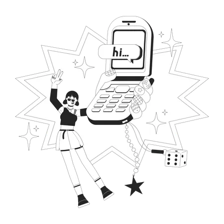 Fille tenant un téléphone à clapet rétro et une esthétique des années 2000  Illustration