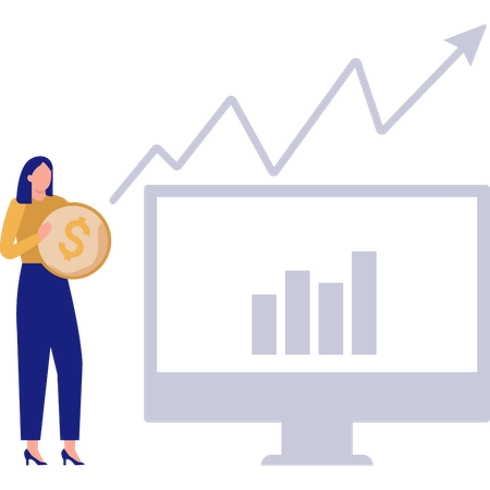 Fille tenant une pièce de monnaie tout en faisant un tableau d'analyse  Illustration