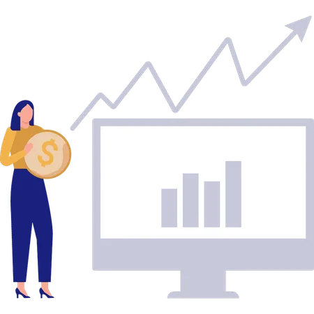 Fille tenant une pièce de monnaie tout en faisant un tableau d'analyse  Illustration