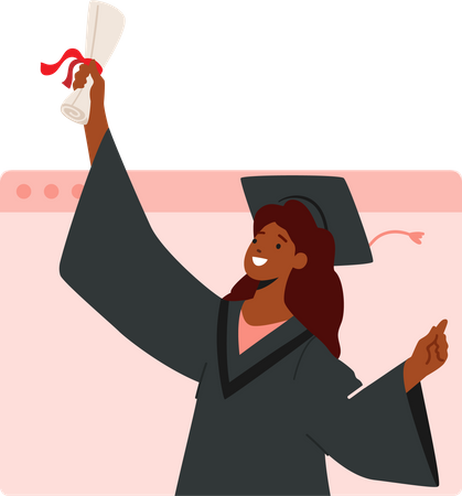 Fille détenant un diplôme d'études supérieures et célébrant virtuellement l'obtention de son diplôme  Illustration