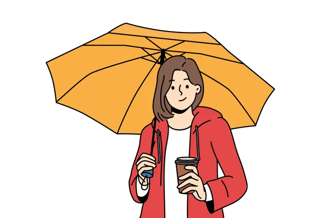 La fille tient un parapluie et une tasse de café  Illustration