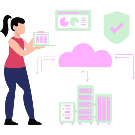 Fille transférant des données cloud  Illustration