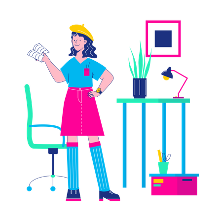 Fille travaillant au bureau  Illustration