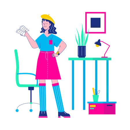 Fille travaillant au bureau  Illustration