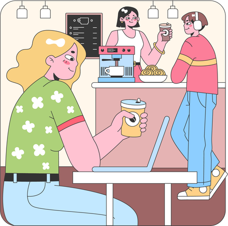 Fille travaillant au café  Illustration