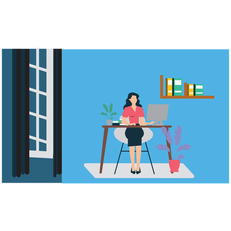 Fille travaillant dans l'installation d'un bureau à domicile  Illustration