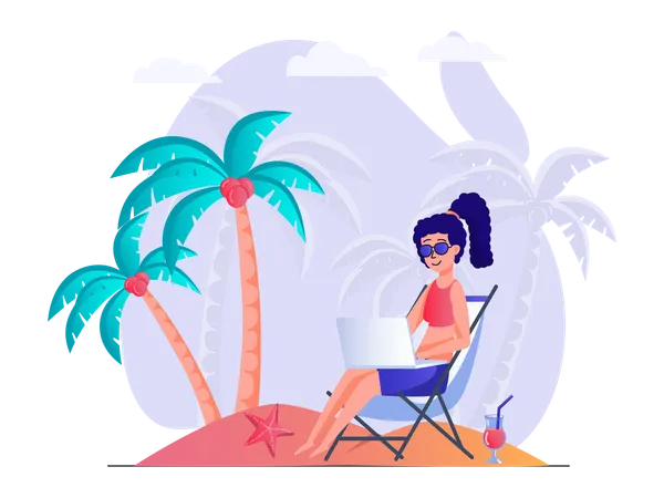 Fille travaillant en vacances  Illustration