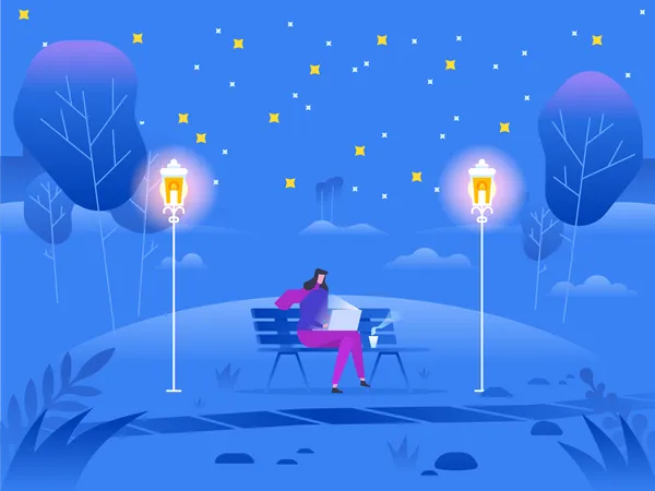 Fille travaillant la nuit sur un banc de parc en hiver  Illustration