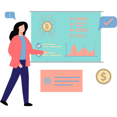 Fille travaillant sur le graphique Bitcoin  Illustration