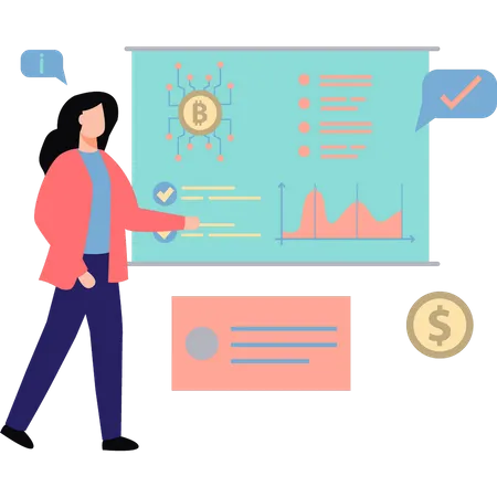 Fille travaillant sur le graphique Bitcoin  Illustration
