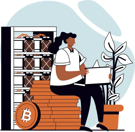 Fille travaillant sur un serveur Bitcoin  Illustration