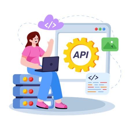 Fille travaillant sur le site Web d'API  Illustration