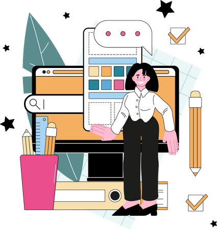 Fille travaillant sur la conception d'interface utilisateur mobile  Illustration