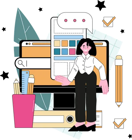 Fille travaillant sur la conception d'interface utilisateur mobile  Illustration