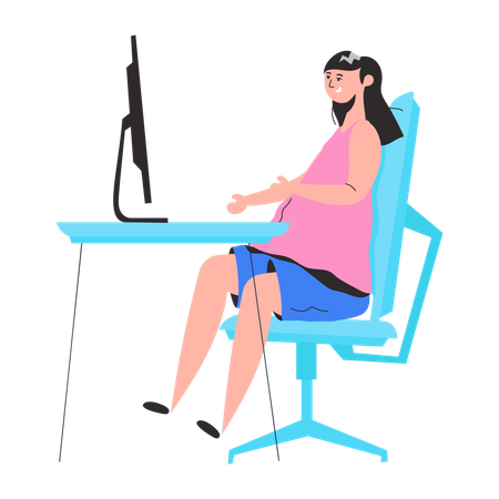 Fille travaillant sur ordinateur au bureau  Illustration