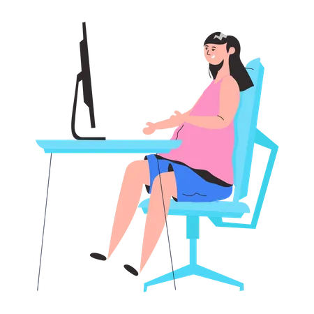 Fille travaillant sur ordinateur au bureau  Illustration