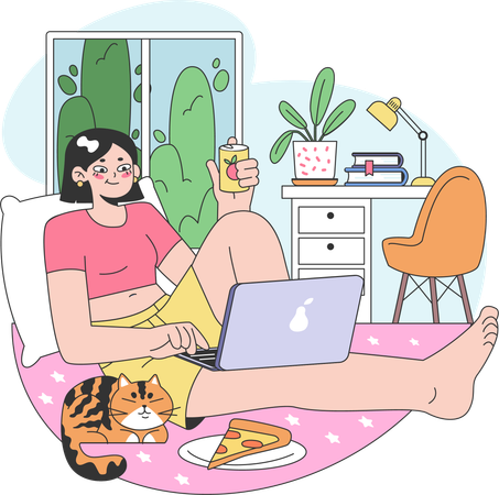 Fille travaillant sur un ordinateur portable et mangeant de la pizza  Illustration