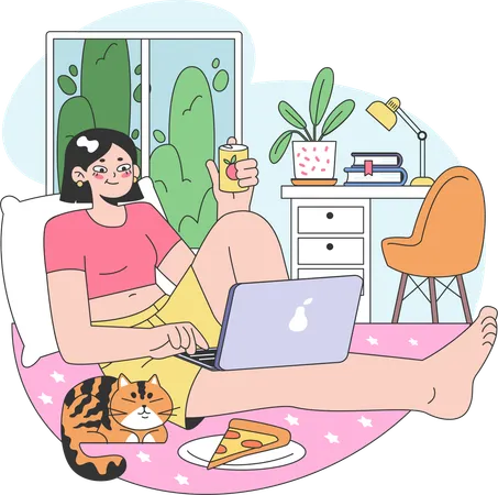 Fille travaillant sur un ordinateur portable et mangeant de la pizza  Illustration