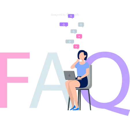 Fille travaillant sur un ordinateur portable sur les services FAQ  Illustration