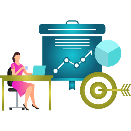 Fille travaillant sur un ordinateur portable sur un diagramme circulaire  Illustration