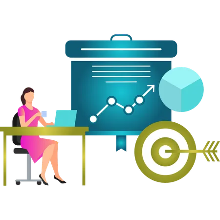 Fille travaillant sur un ordinateur portable sur un diagramme circulaire  Illustration