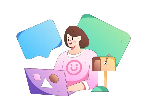 Fille travaillant sur un ordinateur portable tout en recevant du courrier  Illustration