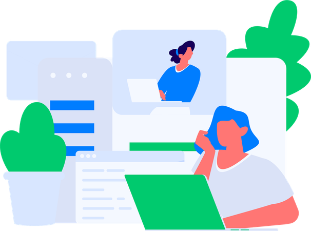 Fille travaillant sur un ordinateur portable tout en recevant une notification par courrier  Illustration