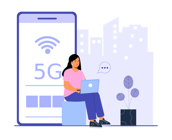 Une fille travaille sur un ordinateur portable tout en utilisant le réseau 5G  Illustration