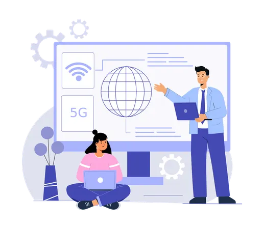 Fille travaillant sur un ordinateur portable utilisant le réseau 5G  Illustration