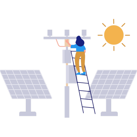 La fille travaille sur la tour électrique près de l'échelle  Illustration