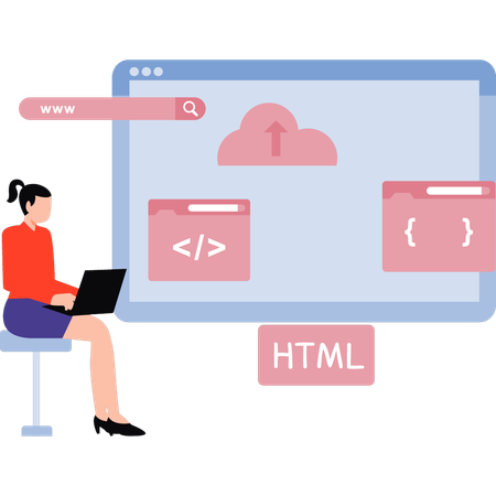 Une fille travaille sur le codage HTML  Illustration