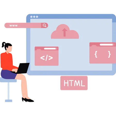 Une fille travaille sur le codage HTML  Illustration