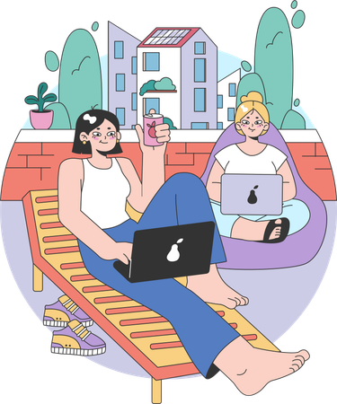 La fille travaille sur un ordinateur portable pendant les vacances  Illustration