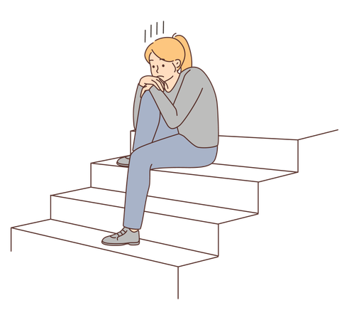 Fille triste et assise dans un escalier  Illustration