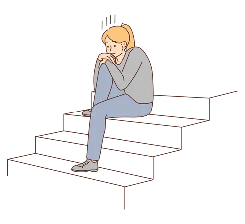 Fille triste et assise dans un escalier  Illustration