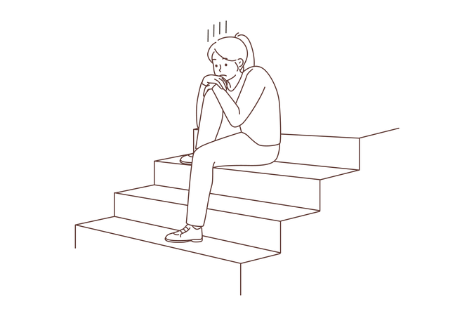 Fille triste et assise dans un escalier  Illustration