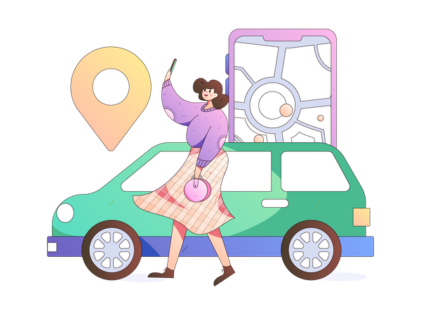 Fille trouvant une voiture à l'aide d'une application de service de voiture  Illustration