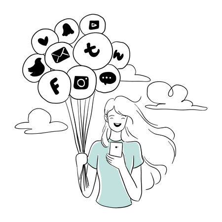 Fille utilisant des applications de médias sociaux  Illustration