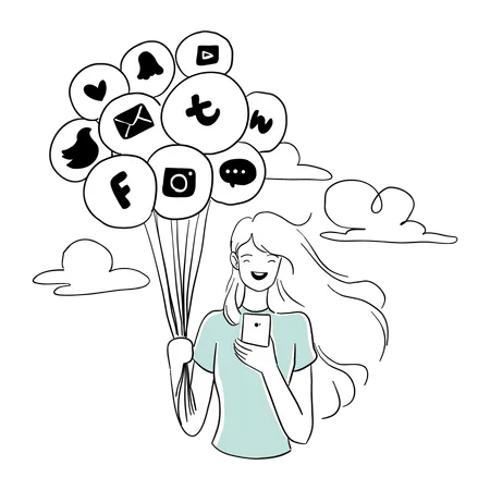 Fille utilisant des applications de médias sociaux  Illustration