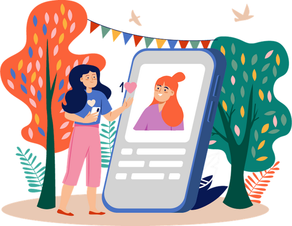 Fille utilisant une application de médias sociaux  Illustration