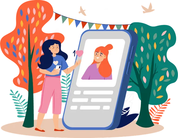 Fille utilisant une application de médias sociaux  Illustration