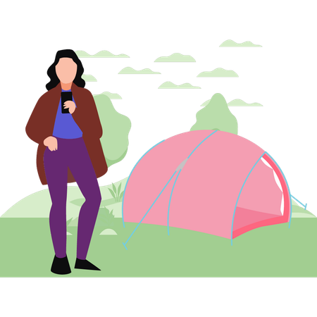 Fille utilisant un mobile près du camp  Illustration