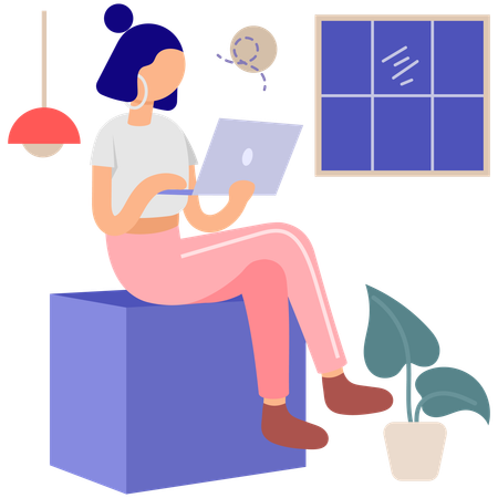 Fille utilisant un ordinateur portable à la maison  Illustration