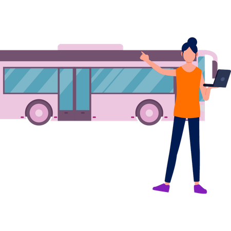 Fille utilisant un ordinateur portable debout à l'extérieur du bus  Illustration