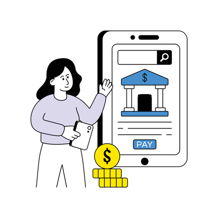 Fille utilisant le service bancaire en ligne effectuant un paiement en ligne  Illustration