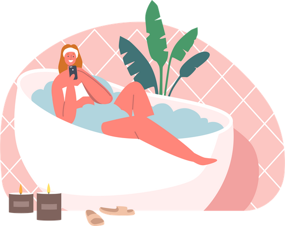 Fille utilisant un smartphone alors qu'elle était assise dans la baignoire  Illustration